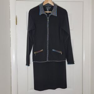 VTG Carole Little Wool Blend KnitJacket Dress Set Black With‎ Multicolor Trim M